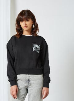 Buy Contrast Slogan Cropped Sweatshirt Black in UAE