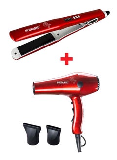 Buy Powerful 2000W Professional Hair Dryer With Ceramic Hair Straightener SHD-3032 + SHS-2042 Glossy Red in Saudi Arabia