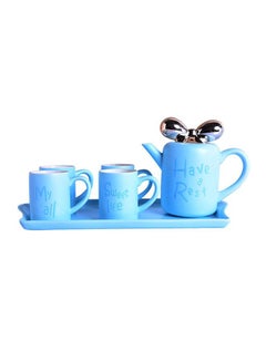 Buy 6-Piece Ceramic Butterfly Knotted Teapot Set Blue 4x Tea Cup - 250, 1x Kettle - 860ml in UAE