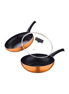 اشتري طقم أدوات الطهي المُكون من 3 قطع برونزي/أسود Frying Pan 28, Wok 26سم في الامارات