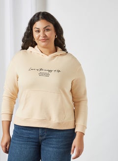 Buy Plus Size Text Print Hoodie Ecru in Saudi Arabia