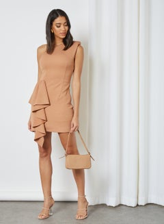 Buy Jacelyn Padded Shoulder Dress Taupe in UAE