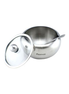 Buy Stainless Steel Sugar Bowl With Glass Lid With Spoon Silver 460ml in UAE