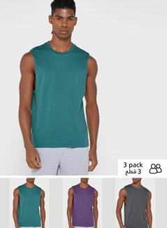 Buy 3-Piece Crew Neck Sleeveless Vest Set Green/Purple/Grey in UAE