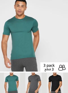 Buy 3-Piece Crew Neck T-Shirt Set Green/Grey/Black in UAE