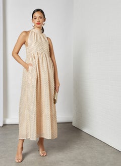 Buy Textured Sleeveless Dress Beige in UAE