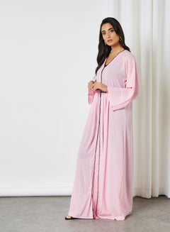 Buy Lace Trim Pleat Detail Abaya Pink in Saudi Arabia