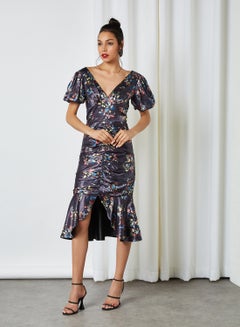 Buy Ruffled Hem Floral Dress Navy in UAE