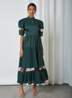 Buy Puff Sleeve Schiffli Insert Dress Green in Egypt