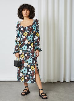 Buy Puff Sleeve Floral Print Dress Black Flower in UAE