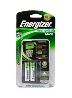 Buy 2-Piece Maxy Recharge Batteries With Battery Charger Set Silver/Green/Black in Saudi Arabia