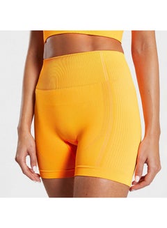 Buy Quick Drying High Waist Seamless Sportswear Shorts Yellow/White in Saudi Arabia