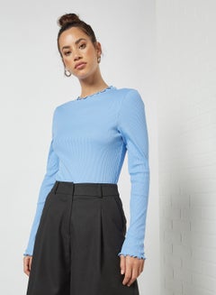 Buy Lettuce Hem Ribbed Top Pale Blue in UAE