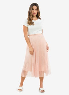 Buy Flock Print Midi Pleat Detail Skirt Pink in UAE
