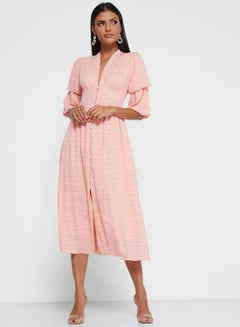 Buy Solid Pattern Puff Sleeve Midi Dress Pink in UAE