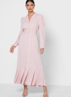 Buy Button Down Soft Belted Dress Pink in UAE