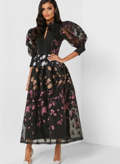Buy Puff Sleeves Ombre Floral Dress Black in Saudi Arabia
