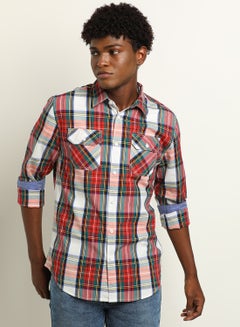 Buy Checkered Pattern Pocket Detail Regular Fit Collared Neck Shirt Red/Green/White in Saudi Arabia