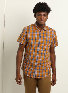 Buy Checkered Pattern Slim Fit Collared Neck Short Sleeve Shirt Carrot Orange/Blue in Saudi Arabia