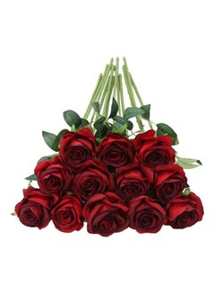 Buy 12-Piece Artificial Roses Silk Bridal Wedding Bouquet Realistic Flower Red/Green in Saudi Arabia