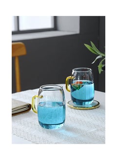 Buy 2-Piece Glass Marble Cup With Yellow Handle Blue/White in UAE