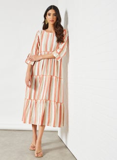 Buy Striped Pattern Round Neck Midi Modest Dress Orange/Beige/White in Saudi Arabia