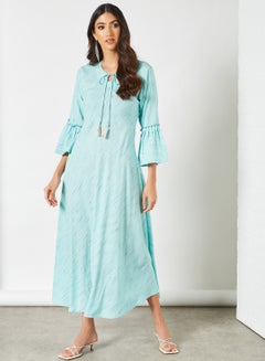 Buy Striped Pattern Keyhole Neck Maxi Modest Dress Sky Blue in Saudi Arabia