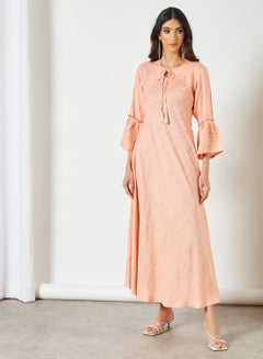 Buy Striped Pattern Keyhole Neck Maxi Modest Dress Peach in Saudi Arabia
