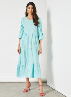 Buy Striped Pattern Tiered Hem Midi Modest Dress Sky Blue in Saudi Arabia