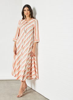 Buy Striped Pattern Keyhole Neck Midi Modest Dress Pink/Grey/White in Saudi Arabia