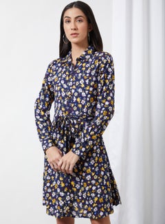 Buy Floral Collared Neck Dress Navy Aop in UAE