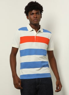 Buy Stripes Regular Fit Collared Neck Polo White/Blue/Orange in Saudi Arabia