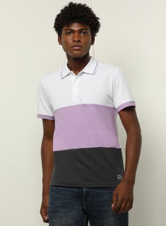 اشتري Colourblocked Regular Fit Collared Neck Polo Grey/Purple/White في السعودية