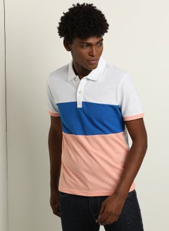 Buy Colourblocked Slim Fit Collared Neck Polo Pink/Blue/White in UAE