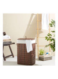Buy Light Weight Stylish Compact And Space Saving 2-Section Foldable Laundry Basket With Lid Brown 72Liters in Saudi Arabia