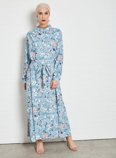 Buy Floral Belted Dress Blue in Egypt