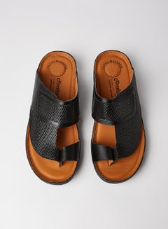 Buy Woven Texture Leather Sandals Black in Saudi Arabia