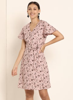 Buy Printed V-Neck Skater Dress Pink/Black in Saudi Arabia