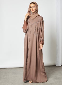 Buy Traditional Embellished Long Sleeve Abaya Brown in UAE