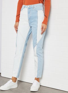 Buy High-Waist Colorblock Mom Jeans Light Blue in UAE