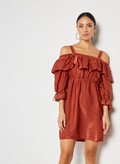 Buy Ruffle Detail Off-Shoulder Dress Brick in UAE