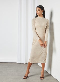 Buy Long Sleeve Midi Dress Beige in Saudi Arabia