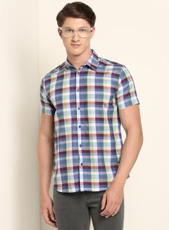 Buy Checkered Pattern Slim Fit Collared Neck Short Sleeve Shirt Multicolour in Saudi Arabia