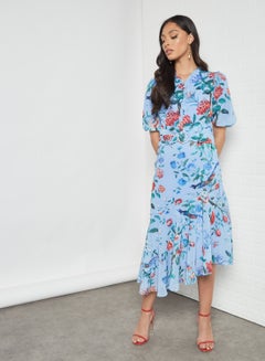 Buy Mathilde Asymmetric Ruffle Hem Dress Blue in UAE