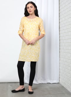 Buy Casual Round Neck Printed Dress Yellow in UAE