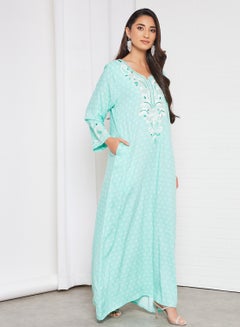 Buy Floral Embroidered Jalabiya Green in Saudi Arabia