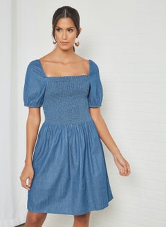 Buy Smocked Denim Dress Medium Blue in UAE