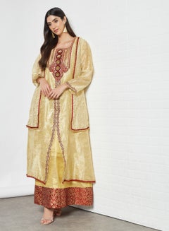 Buy Sara Floral Embossed Jalabiya Gold/Scarlet in UAE