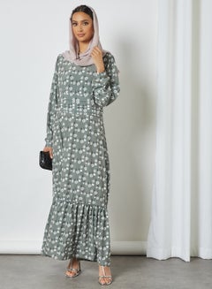 اشتري فستان بتصميم محتشم مزين بنقشة زهور وأكمام طويلة ورقبة مستديرة رمادي/أبيض في السعودية