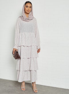 Buy Polka Dot Printed Long Sleeves Round Neck Modest Dress White in Saudi Arabia